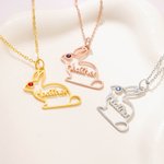Personalized Birthstone Hollow Bunny Outline Necklace with Name Dainty Jewelry Easter Birthday Gift for Kids Women