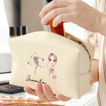 Personalized Zodiac Sign Birth Flower Glitter Cartoon Character  PU Leather Cosmetic Bag with Name Birthday Anniversary Gift for Women