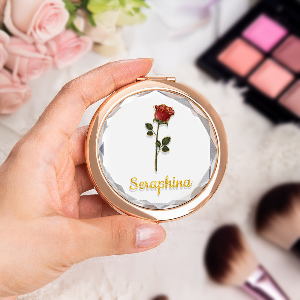 Miroir de maquillage portable personnalisé à fleurs de naissance dorées avec nom Cadeau d'anniversaire pour femmes filles