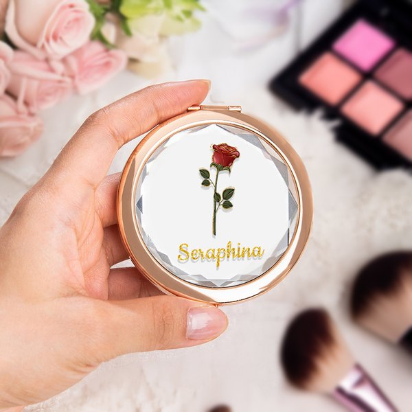 Personalised Portable Gold-Edged Birth Flower Makeup Mirror with Name Birthday Anniversary Gift for Women Girls