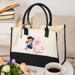 Personalised Cartoon Graduate Character Pink Bow Initial Canvas Large Tote Bag with Name Birthday Travel Accessories Gift for Women