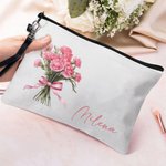 Borsa per il trucco in lino con cinturino da polso personalizzato con nome e fiore di nascita accessori da viaggio per la doccia nuziale