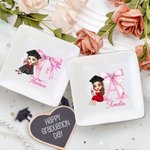 Personalised Graduate Character Pink Bow Initial Ceramic Square Trinket Jewellery Dish with Name Congratulation Graduation Gift for Women