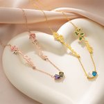 Personalised Bilateral Birth Flower Birthstone Necklace with Names Dainty Jewellery Valentine's Day Anniversary Birthday Gift for Women