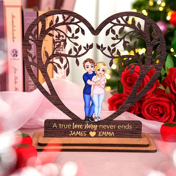 Personalized Cartoon Hugging Couple Heart Tree Wooden Plaque with Engraved Names Desktop Decor Valentine's Day Anniversary Gift for Couples