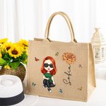 Borsa tote in juta personalizzato con nome fiore di nascita e personaggio in stile cartone animato regalo di compleanno e San Valentino per donne