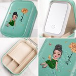 Personalized Cartoon Girl Birth Flower Leather Jewelry Box with Name and LED Three-Color Adjustable Makeup Mirror Birthday Graduation Gift for Women
