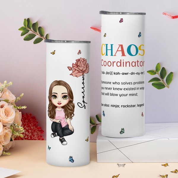 Personalized Chaos Coordinator Character Birth Flower 20oz Skinny Tumbler with Lid Straw Birthday Appreciation Gift for Friends Family