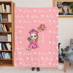 Personalised Cartoon Graduate Character Birth Flower Soft Throw Blanket with Name Home Decor Graduation Gift for Women Girls