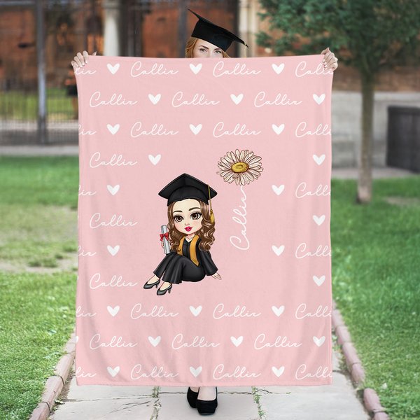 Personnalisé Cartoon Graduate Character Birth Flower Soft Throw Blanket with Name Home Decor Graduation Gift for Women Girls