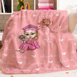 Personalised Cartoon Graduate Character Birth Flower Soft Throw Blanket with Name Home Decor Graduation Gift for Women Girls