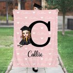 Personalised Cartoon Graduate Character Soft Throw Blanket with Names and Initial Graduation Birthday Gift for Women Girls