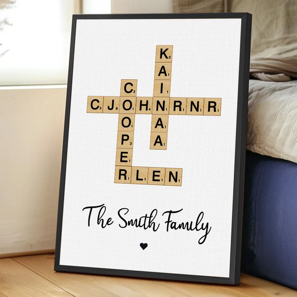 Personalized Crosswords Scrabble Puzzle Art Poster Frameless Painting with 2-25 Family Names Housewarming Gift for Family Member