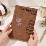 Personalisierte Gott sagt, ich bin Name Bedeutung auf Bibel Vers A5 Lederabdeckung Notebook Taufe Thanksgiving Geschenk für Familie Christen