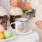Tazza smaltata con deisgn coniglietto che tiene il fiore personalizzata con nome regalo di compleanno per bambini