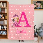 Personalised Cartoon Graduate Character Soft Throw Blanket with Names and Initial Graduation Birthday Gift for Women Girls