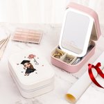 Personalized Cartoon Girl Birth Flower Leather Jewelry Box with Name and LED Three-Color Adjustable Makeup Mirror Birthday Graduation Gift for Women