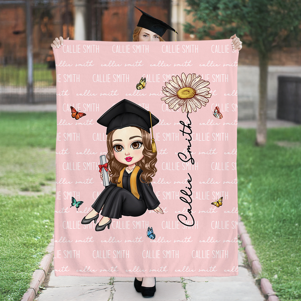 Personnalisé Cartoon Graduate Birth Flower Soft Throw Blanket with Repeating Names Multicolor Home Decor Birthday Graduation Gift for Women