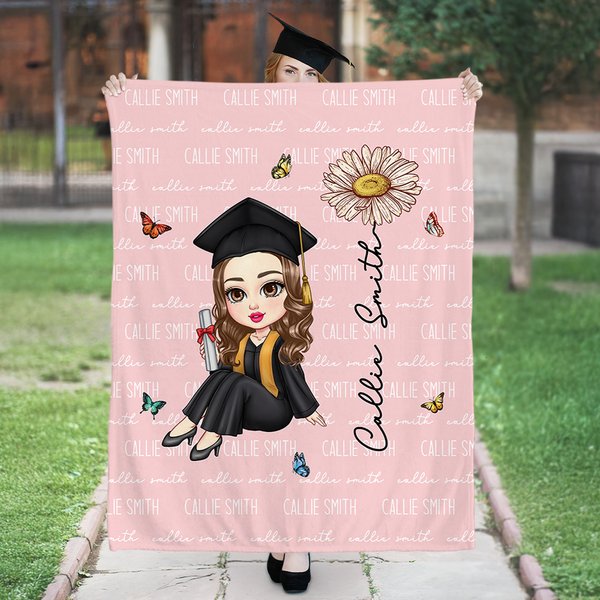 Coperta personalizzata Cartoon Graduate Birth Flower con nomi ripetuti Multicolore Home Decor Regalo di compleanno e laurea per le donne