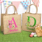 Personalized Face Photo Cartoon Bunny Costume Jute Tote Bag with Initial and Name Easter Egg Hunt Supplies Birthday Party Favors Gift for Kids