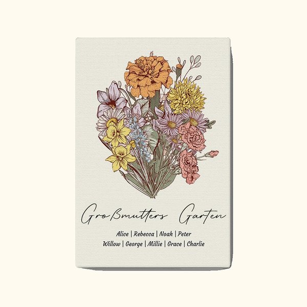 Personalisierte Geburtsblumen Strauß Familie Leinwandgemälde mit Namen und Text Muttertag Geburtstag Geschenk für Mama Oma