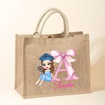 Personalizado de dibujos animados de Graduación de Niñas de color rosa arco inicial reutilizables Bolsa de yute con nombre de Graduación de cumpleaños de regalo para las niñas Amigos