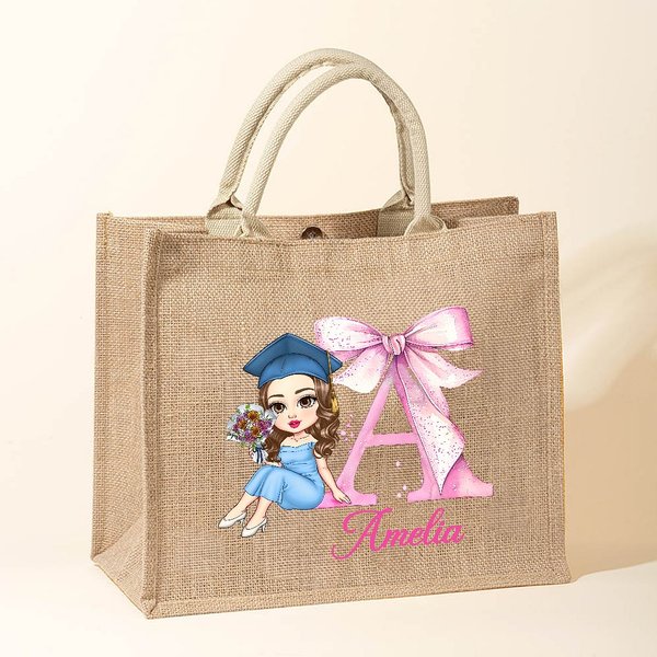 Personalized Cartoon Graduation Girl Pink Bow Initial Reusable Jute Tote Bag with Name Graduation Birthday Gift for Girls Friends