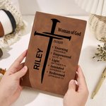 Personalized Nail Cross of God Bible Verse A5 Leather Cover Notebook with Name Church Study Birthday Religious Gift for Family Friends Christian