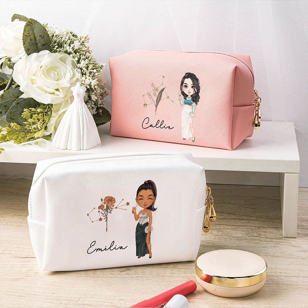 Sac cosmétique en cuir PU avec nom, anniversaire, fleur de naissance, paillettes, signe du zodiaque, cadeau d'anniversaire pour les femmes