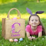 Personalized Face Photo Cartoon Bunny Costume Jute Tote Bag with Initial and Name Easter Egg Hunt Supplies Birthday Party Favors Gift for Kids