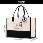 Personalized Zodiac Birth Flower Cartoon Character Black and White Large Canvas Tote Bag with Name Birthday Wedding Gift for Women
