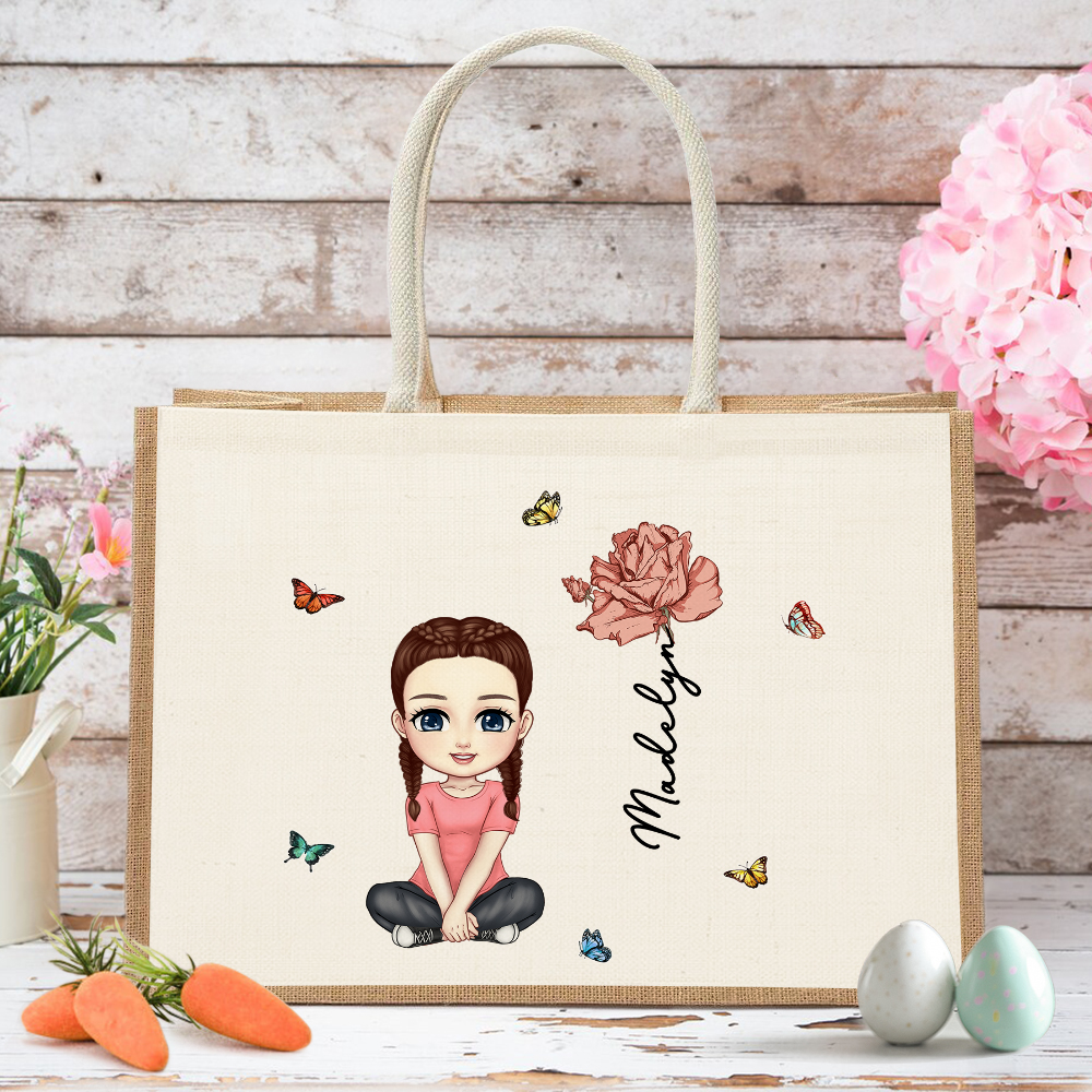 Personnalisé Cartoon Character Birth Flower Butterfly Jute Tote Bag with Name Travel Accessory Birthday Gift for Family Friends