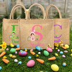 Personalized Face Photo Cartoon Bunny Costume Jute Tote Bag with Initial and Name Easter Egg Hunt Supplies Birthday Party Favors Gift for Kids