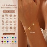 Bracelet Personnalisé avec 1-6 Initiales Fleurs Pierres de Naissance Breloques Mélangées Cadeau Anniversaire Saint-Valentin pour Femmes