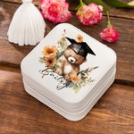 Personalized Cartoon Graduation Hat Bear Floral Portable Leather Travel Jewellery Box with Name Birthday Graduation Gift for Women Graduates