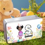 Personalized Cute Flower Egg Cartoon Character Biscuit Tin Box with Initial and Name Easter Party Storage Accessories Gift for Boys Girls