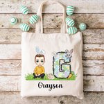 Personalised Cute Cartoon Character Bunny Floral Initial Canvas Tote Bag with Name Easter Egg Hunting Party Favors Gift for Kids
