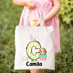 Personalised Easter Eggs Cartoon Character Bunny Ears Initial Name Canvas Tote Bag Easter Party Favor Gift for Boys Girls