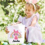 Personalized Fantasy Rainbow Bunny Onesie Cartoon Character Canvas Bucket Bag with Name Easter Egg Hunt Party Decor Sweets Storage Gift for Kids