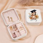 Personalized Cartoon Graduation Hat Bear Floral Portable Leather Travel Jewellery Box with Name Birthday Graduation Gift for Women Graduates