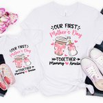 Coqueta Personalizada Lazo Biberón y Taza de Café 100% Algodón Camiseta Bebé Body con Nombres Nuestro Primer Regalo Día de la Madre para Mamá Bebé