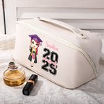 Borsa per il trucco in pelle personalizzata con nome dell'anno e maniglia Accessori da viaggio Cerimonia di laurea Regalo di compleanno per donne ragazze