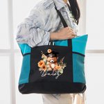 Personalized Cartoon Graduation Hat Bear Floral Large Zippered Tote Bag with Name Birthday Graduation Celebration Appreciation Gift for Women