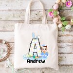 Personalised Easter Eggs Cartoon Character Bunny Ears Initial Name Canvas Tote Bag Easter Party Favor Gift for Boys Girls
