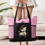 Personalized Cartoon Graduation Hat Bear Floral Large Zippered Tote Bag with Name Birthday Graduation Celebration Appreciation Gift for Women