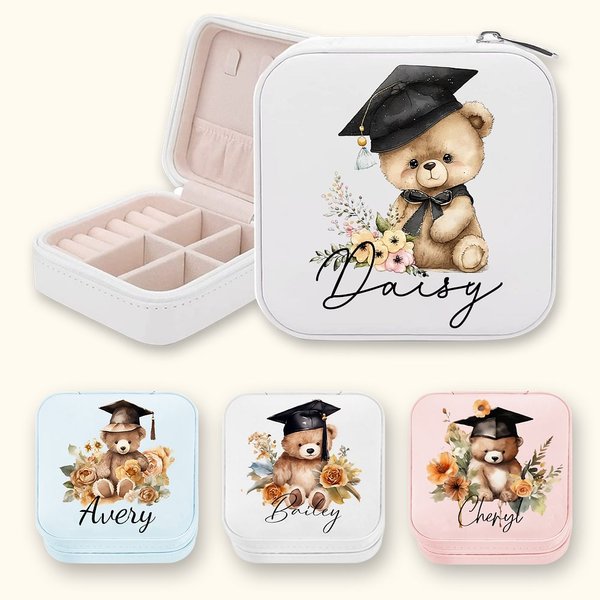 Personalised Cartoon Graduation Hat Bear Floral Portable Leather Travel Jewellery Box with Name Birthday Graduation Gift for Women Graduates