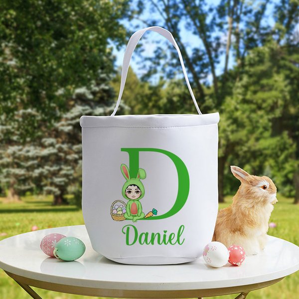 Personalized Cute Easter Egg Basket Bunny Onesie Cartoon Character Canvas Bucket Bag with Name Initial Egg Hunt Party Decor Gift for Boys Girls