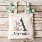 Personalized Cartoon Easter Bunny Character Canvas Tote Bag with Initial and Name Easter Party Gift for Boys Girls