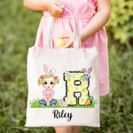 Personalised Cute Cartoon Character Bunny Floral Initial Canvas Tote Bag with Name Easter Egg Hunting Party Favors Gift for Kids