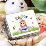 Personalized Cute Eggshell Cartoon Character Biscuit Tin Box with Name Easter Party Storage Accessories Gift for Boys Girls